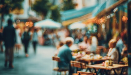 Fototapeta premium People Sitting At A Table In A Street Cafe Appear Blurred. The Image Captures The Scene With A Sense Of Movement.