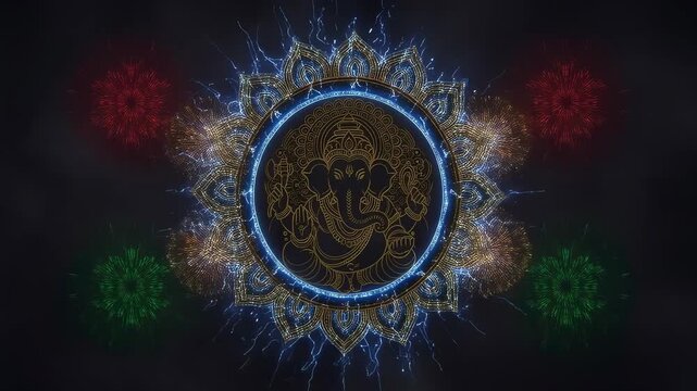 Golden Lord Ganesha in glowing mandala with firework. Religious Hindu deity illustration for Ganesh Chaturthi celebration. Spiritual symbol with electric effect.