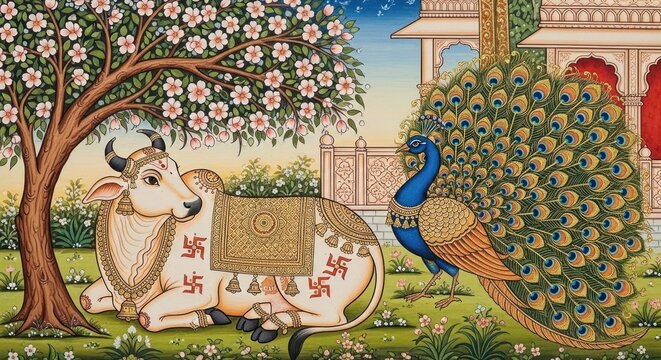 Traditional Indian Painting of Sacred Cow and Peacock in Garden.