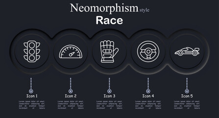 Race set icon. Neomorphic dark interface circles with line symbols of traffic light signal, speedometer gauge, racing glove gear, steering wheel control, formula race car vehicle © Anastasia
