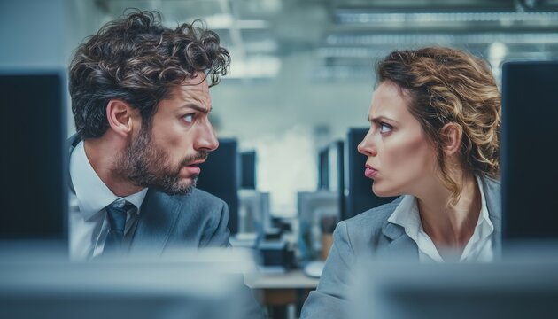 Two Frowning Business Professionals Working On Computers, Engaging In Conflict, And Giving Envious Glances In The Office.