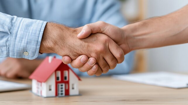 Real estate deal finalized with a handshake over a house model