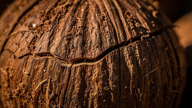 Detailed close up of cracked coconut shell fibers with rugged tropical texture and earthy organic detail