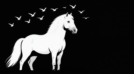 Fototapeta premium White horse stands against black background with birds flying above. Minimalist illustration style, elegant equine form, symbolizes freedom, purity, and nature beauty. Clean lines, simple art.