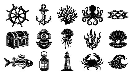 Obraz premium Vintage Nautical Marine Ocean Symbols and Elements Set. Black and White Engraving Style.