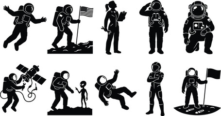 Obraz premium Astronaut silhouette collection, space exploration icons, cosmic vector art, black design set, science illustration, extraterrestrial symbol, modern graphic pattern
