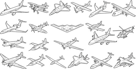 Collection of Vintage and Modern Airplane Silhouettes, Military Jets, Commercial Aircraft, Propeller Planes, and Aviation Icons for Aviation Design Projects © Bishnupada