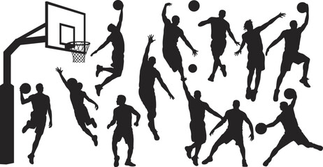 Basketball silhouette collection, dynamic player icons, sports vector art, black design set, athletic motion illustration, hoop symbol, modern graphic pattern © MOSTSHAHANAJ