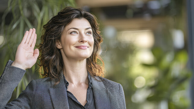 A confident woman in business attire raises her right hand, as if taking an oath or making a pledge, standing in a bright, green indoor setting.