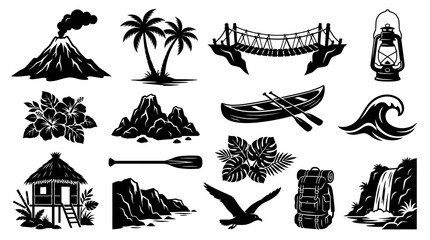Fototapeta premium Tropical Travel Adventure Nature Elements Collection - Black White Glyph Set