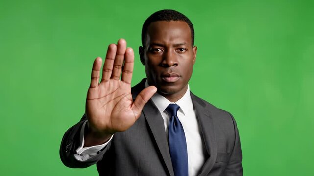 African american businessman making a stop gesture against green screen hand palm