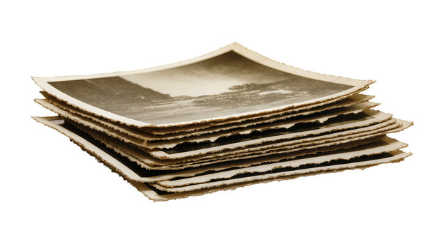 Stack of old sepia toned photographs with torn edges, isolated on transparent background