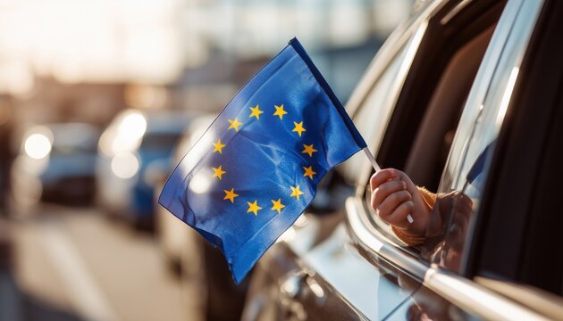 Child Waving European Flag Out Of Car Window In Shopping Mall Parking Lot. Visual Representation Of European Pride. A Boy Proudly Displays The Eu Flag.