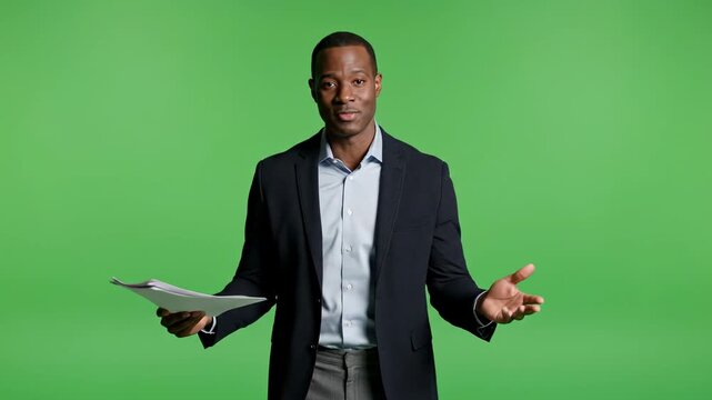 African american businessman presenting with documents on green screen presenter