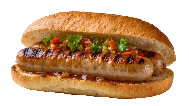 Grilled sausage sandwich with relish and parsley, isolated on transparent background