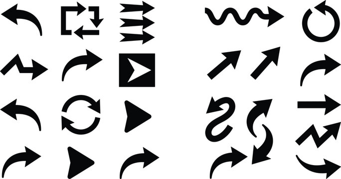 Arrow icon collection, directional symbol set, curved and straight vector art, black silhouette design, navigation graphic illustration, modern interface pattern