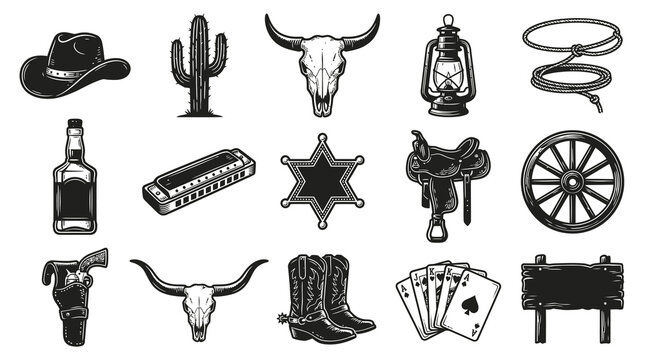 Western Cowboy Elements, Black and White Line Art Icons - Rodeo, Wild West Vector Set