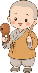 Fototapeta premium Cute Little Buddhist Monk Playing Moktak Illustration