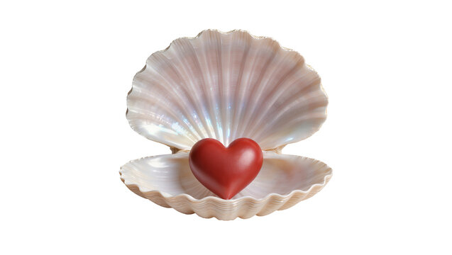Red heart resting inside an open oyster shell, isolated on transparent background