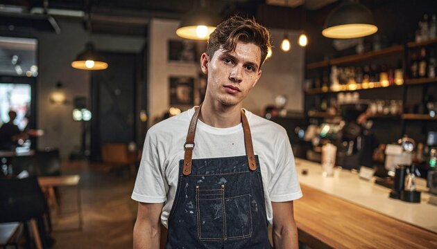Young caf&eacute; barista after long shift, acne texture, sweat, messy apron, realistic indoor lighting