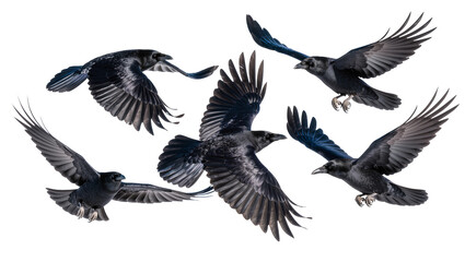 Obraz premium Five black crows in mid-flight with wings spread, isolated on transparent background