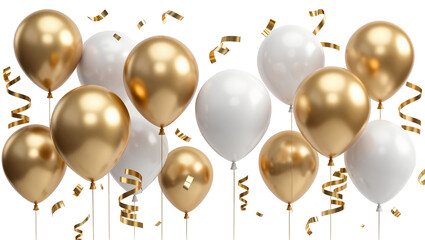 Golden and white balloons with streamers, isolated on transparent background © AnaMaria