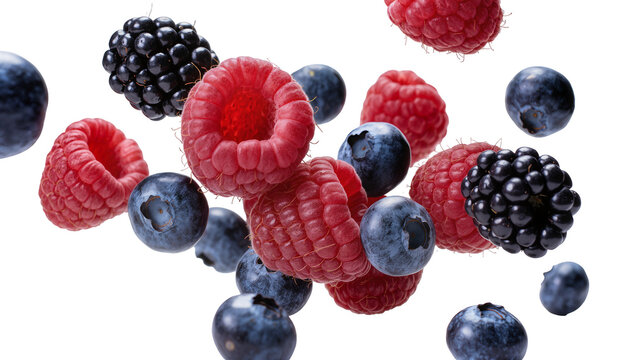Assorted fresh raspberries and blueberries, isolated on transparent background