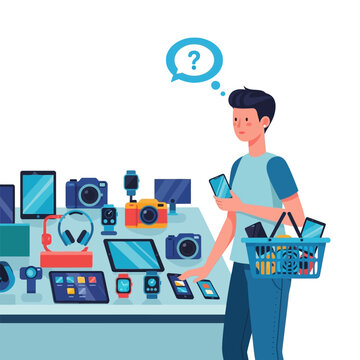 Man choosing consumer electronic gadgets in a shop isolated