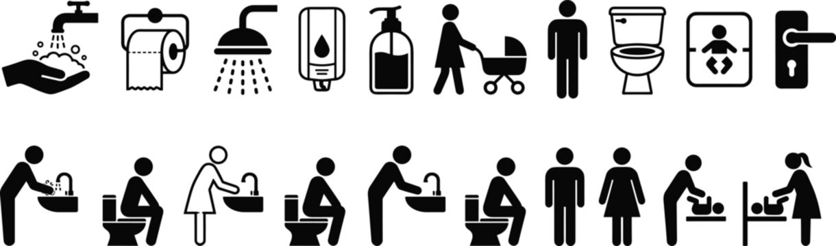 Restroom hygiene pictogram collection, childcare facility icons, handwashing and toilet symbols, black vector art, public signage design, universal graphic pattern