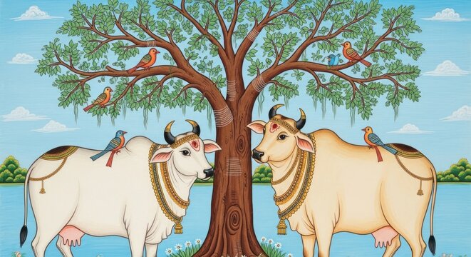 Traditional Indian Painting of Two Sacred Cows Under a Banyan Tree with Birds.