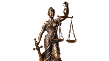 Bronze statue of Lady Justice holding scales and sword, isolated on transparent background © AnaMaria