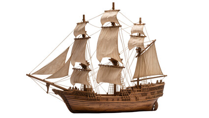 Detailed wooden sailing ship model with full sails, isolated on transparent background © AnaMaria
