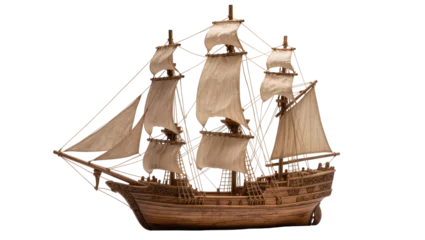 Fototapeten Schiff Detailed wooden sailing ship model with full sails, isolated on transparent background  © AnaMaria