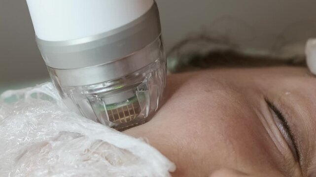 Close-up of a cosmetic microneedling procedure on a woman&rsquo;s face in a beauty clinic. A professional skincare device is applied to the cheek area to improve skin texture, stimulate collagen production,