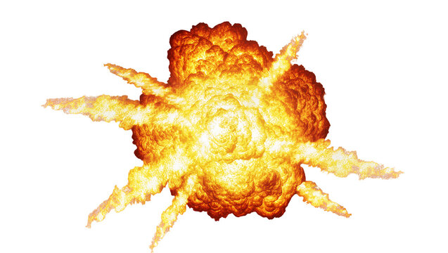 Fiery orange and yellow explosion with smoke, isolated on transparent background