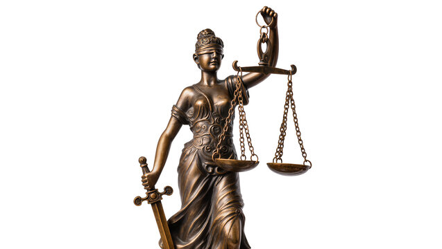 Bronze statue of Lady Justice holding scales and sword, isolated on transparent background