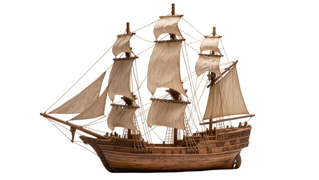 Detailed wooden sailing ship model with full sails, isolated on transparent background