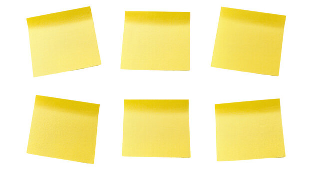 Six yellow sticky notes arranged in two rows, isolated on transparent background