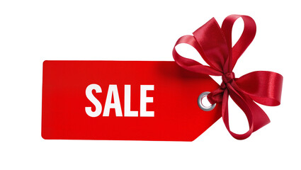 Obraz premium Red sale tag with a satin bow, isolated on transparent background