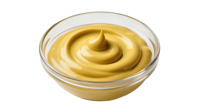 Yellow mustard swirl in clear glass bowl, isolated on transparent background