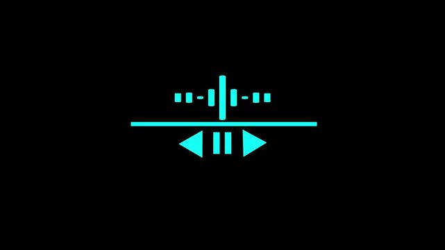 Cyan audio waveform and playback icons. Audio waveform symbol for digital sound waves. Digital waveform animation for music technology.