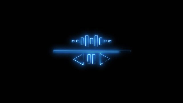 Blue neon sound waveform and playback icons. Audio waveform symbol for digital sound. Digital waveform animation for equalizer tech.