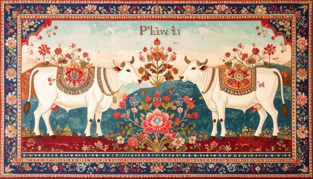 Traditional Indian Painting of Two White Cows Adorned with Floral Decorations.