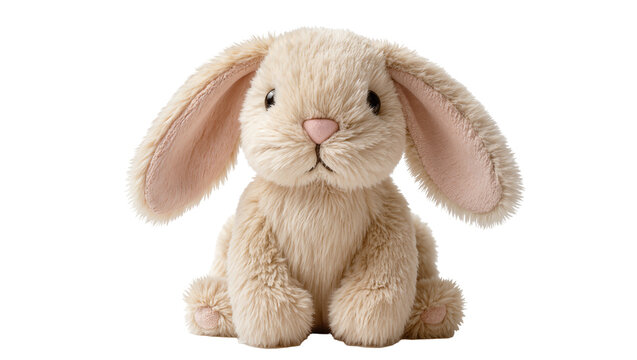 Fluffy beige plush bunny rabbit toy with long ears, isolated on transparent background