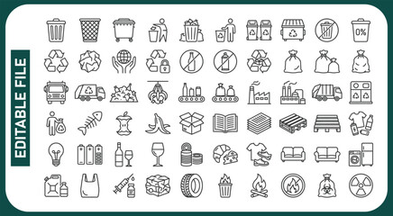 Waste sorting line icons set. Plastic bottle, biodegradable trash, junk truck, landfill, paper, glass, battery, conveyor vector illustration. Outline signs about garbage recycle. Editable Stroke © Minara
