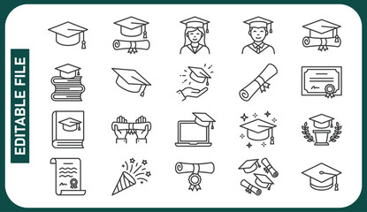 Fototapeta premium Graduation doodle illustration including icons - student in cap, diploma certificate scroll, university degree . Thin line art about high school education. Editable Stroke