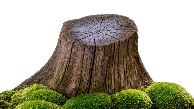 Weathered old tree stump with vibrant green moss, isolated on transparent background