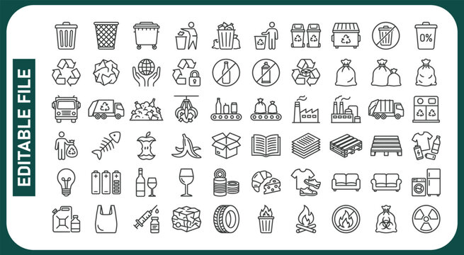 Waste sorting line icons set. Plastic bottle, biodegradable trash, junk truck, landfill, paper, glass, battery, conveyor vector illustration. Outline signs about garbage recycle. Editable Stroke