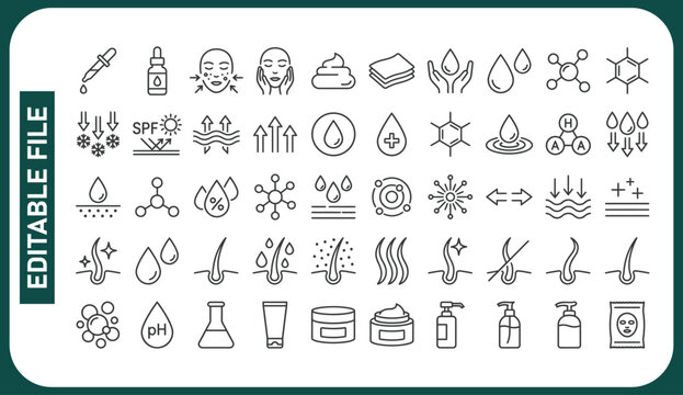 Skin care line icons set. Moisture cream, acid, anti wrinkle serum, ceramide, collagen, retinol compound, sunscreen vector illustration. Outline signs for skincare products property. Editable Stroke