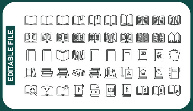 Book line icons set. Open brochure, magazine, literature, dictionary, audiobook, learning, encyclopedia education, information reference vector illustration. Outline sign for library. Editable Stroke